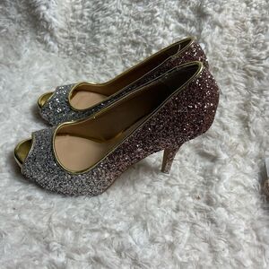 THALIA SODI "CEREZA" SILVER/ROSE GOLD SPARKLE GOLD TRIM PEEP TOE PUMP SIZE 8M